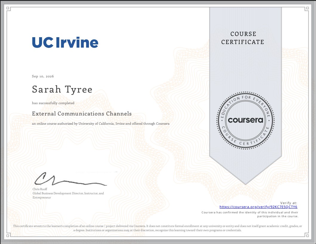 Coursera course certificate: External Communications Channels, University of California, Irvine