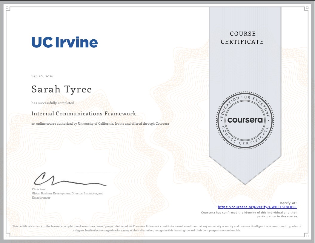 Coursera course certificate: Internal Communications Framework, University of California, Irvine