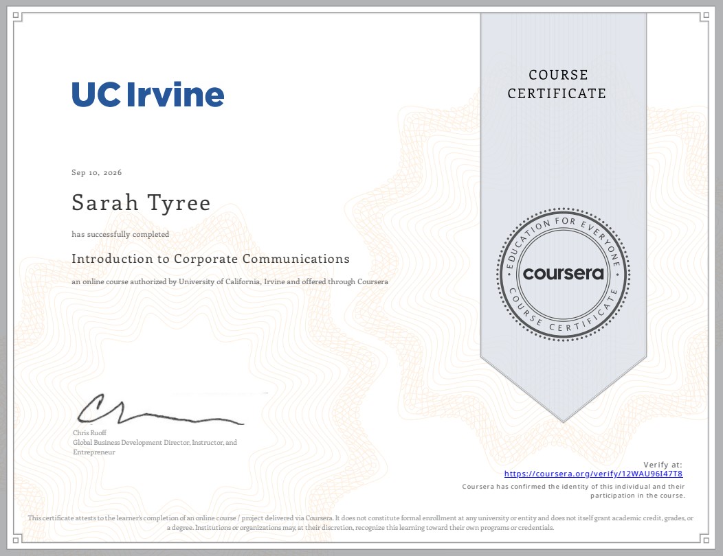 Coursera course certificate: Introduction to Corporate Communications, University of California, Irvine