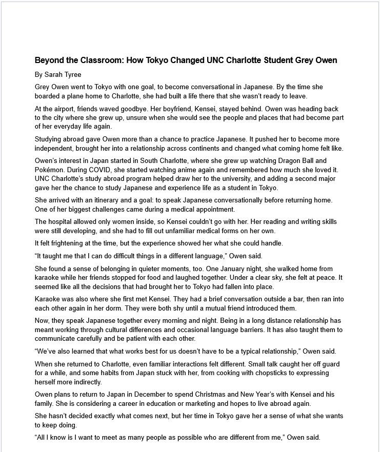 Article: Beyond the Classroom: How Tokyo Changed UNC Charlotte Student Grey Owen